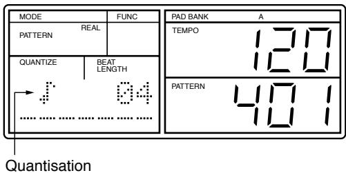 MODE PATTERN REAL QUANTIZE BEAT LENGTH 04 PAD BANK A TEMPO 120 PATTERN 401 Quantisation
