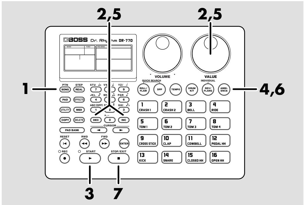 BOSS Dr. Rhodium DR-770 MODE FUNC R2D BANK 1 PTN STEP STU VW YZ/ 9 ROLL/ FLAM DPP TEMPO DRUM KIT REV/ FLANG AMBI- ENCE VALUE INDIVIDUAL 4,6 1 SONG REAL 7 JKL MN PQR PAD EFFECTS 4 ABC (OFF) GHI UTILITY MIDI 1 2 3 COPY DELETE DEC 0 INC PAD BANK CURSOR RESET RWD FWD ENTER REC START STOP/EXIT 13 KICK 14 SNARE 15 CLOSED HH 16 OPEN HH