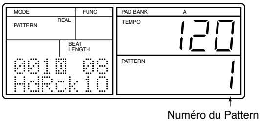 MODE PATTERN REAL BEAT LENGTH 0010 08 HARCK 10 FUNC PAD BANK A TEMPO 120 PATTERN 1 Numéro du Pattern