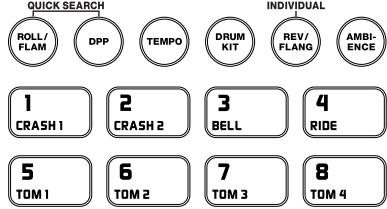 QUICK SEARCH ROLL/ FLAM DPP TEMPO DRUM KIT REV/ FLANG AMBI- ENCE 1 CRASH 1 2 CRASH 2 3 BELL 4 RIDE 5 TOM 1 6 TOM 2 7 TOM 3 8 TOM 4