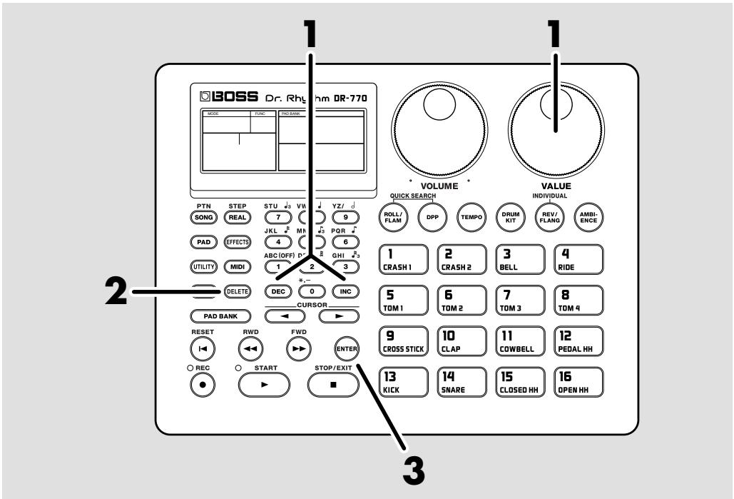 BOSS Dr. Rhg hm DR-770 MODE FUNC FND BANK PTN STEP STU VW YZ/ SONG REAL 7 9 JKL MR PQR PAD EFFECTS 4 6 ABC (OFF) D GHI 3 UTILITY MIDI 1 2 3 DELETE DEC 0 INC PAD BANK CURSOR RESET RWD FWD ENTER REC START STOP/EXIT VOLUME QUICK SEARCH ROLL/ PLAM DPP TEMPO DRUM KIT REV/ FLANG AMBI-ENCE 1 CRASH 1 2 CRASH 2 3 BELL 4 RIDE 5 TOM 1 6 TOM 2 7 TOM 3 8 TOM 4 9 CROSS STICK 10 CLAP 11 COWBELL 12 PEDAL HH 13 KICK 14 SNARE 15 CLOSED HH 16 OPEN HH