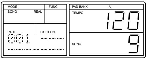 MODE SONG REAL PART PATTERN 001 ...... .... .... .... .... .... PAD BANK A TEMPO 120 SONG 9