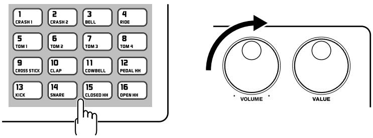 1 CRASH 1 2 CRASH 2 3 BELL 4 RIDE 5 TOM 1 6 TOM 2 7 TOM 3 8 TOM 4 9 CROSS STICK 10 CLAP 11 COWBELL 12 PEDAL HH 13 KICK 14 SNARE 15 CLOSED HH 16 OPEN HH VOLUME VALUE