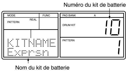 Numéro du kit de batterie MODE FUNC PATTERN REAL KITNAME EXPRM PAD BANK A DRUM KIT 10 PATTERN 1 Nom du kit de batterie
