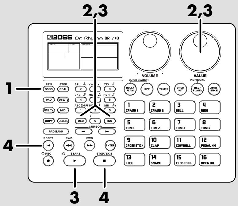 BOSS Dr. Rhythm DR-770 MODE FUNC PAD BANK PTN STEP STU VW YZ/ SONG REAL 7 9 JKL MN PQR PAD EFFECTS 4 6 ABC(OFF) D GHI 3 UTILITY MIDI 1 2 3 COPY DELETE DEC 0 INC PAD BANK CURSOR RESET RWD FWD ENTER REC START STOP/EXIT VOLUME QUICK SEARCH ROLL/FLAM DPP TEMPO DRUM KIT REV/FLANG AMBI-ENCE 1 CRASH 1 2 CRASH 2 3 BELL 4 RIDE 5 TOM 1 6 TOM 2 7 TOM 3 8 TOM 4 9 CROSS STICK 10 CLAP 11 COWBELL 12 PEDAL HH 13 KICK 14 SNARE 15 CLOSED HH 16 OPEN HH