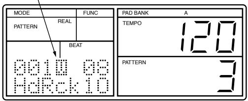 MODE PATTERN REAL BEAT 0010 00 HdRck 10 FUNC PAD BANK A TEMPO 120 PATTERN 3