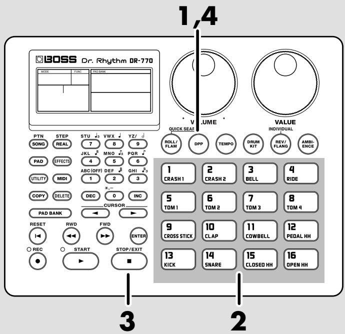 iBOSS Dr. Rhythm DR-770 MODE FUNC PUB BANK PTN STEP STU 3 VWX 2 YZ/ 2 ROLL/ FLAM DPP TEMPO DRUM KIT REV/ FLANG AMBI- ENCE VALUE QUICK SEAT STVENUE OPTIONAL SONG REAL JKL 2 MNO 2 PQR 2 PAD EFFECTS ABC (OFF) DEF 2 GHI 2 UTILITY MIDI 1 2 3 COPY DELETE DEC 0 INC CURSOR PAD BANK RESET RWD FWD ENTER O REC O START STOP/EXIT ■ 1,4 1,4 2 3 4 5 CRASH 1 2 CRASH 2 3 BELL 4 RIDE TOM 1 6 TOM 2 7 TOM 3 8 TOM 4 9 CROSS STICK 10 CLAP 11 COWBELL 12 PEDAL HH 13 KICK 14 SNARE 15 CLOSED HH 16 OPEN HH