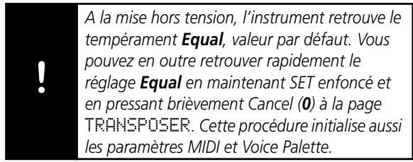 A la mise hors tension, l'instrument retrouve le tempérament Equal, valeur par défaut. Vous pouvez en outre retrouver rapidement le réglage Equal en maintenant SET enfoncé et en pressant brièvement Cancel (0) à la page TRANSPOSER. Cette procédure initialise aussi les paramètres MIDI et Voice Palette.