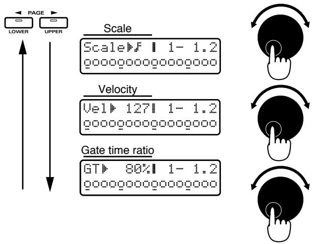 ROLAND JX-305 - Avant de programmer les notes, sélectionnez la valeur (Scale), la note (tone rythmique) à programmer, la dynamique (Velocity) et le pourcentage de durée réelle (Gate Time Ratio, pour les parties 1-7). - 1
