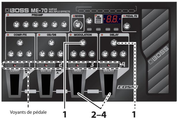 ROLAND ME-70 - Réglage de la vitesse de modulation et du retard à l'aide des pédales de l'appareil - 1