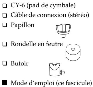 CY-6 (pad de cymbale) Câble de connexion (stéréo) Papillon Rondelle en feutre Butoir ■ Mode d'emploi (ce fascicule)