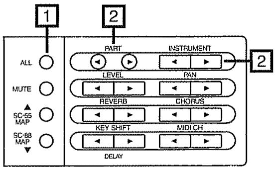 1 2 PART INSTRUMENT ALL LEVEL PAN 2 MUTE REVERB CHORUS SC-55 MAP KEY SHIFT MIDI CH SC-88 MAP DELAY