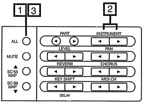 1 3 2 ALL MUTE SC-55 MAP SC-88 MAP PART INSTRUMENT LEVEL PAN REVERB CHORUS KEY SHIFT MIDI CH DELAY