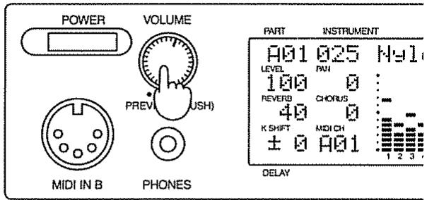 POWER VOLUME PREV USH) MIDI IN B PHONES PART INSTRUMENT A01 025 HY1 LEVEL RW 100 0 REVERB CHORUS 40 0 K SHIFT MDI CH ± 0 A01 1 2 3 DELAY