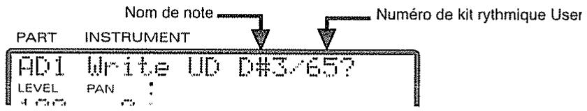 Nom de note Numéro de kit rythmique User PART INSTRUMENT AD1 Write UD D#3/65? LEVEL PAN :