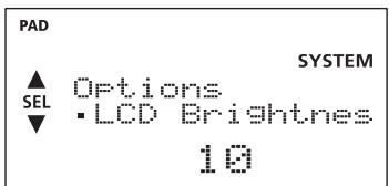 PAD SYSTEM ▲ Options ▼ LCD Brightnes 10