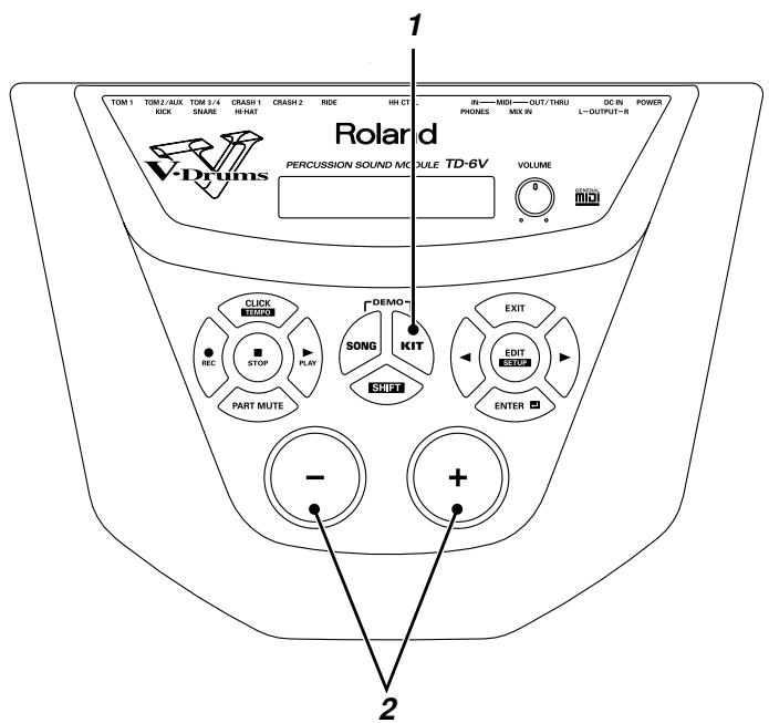 TOM 1 TORM 2/AUX TOM 3/4 CRASH 1 CRASH 2 RIDE HH CT IN MIDI OUT/THRU DC IN POWER VIN PONDS MIX IN L-OUTPUT-R Rolard PERCUSSION SOUND MODULE TD-6V VOLUME 0 CLICK STOP PART MUTE SONG SHIFT DEMO- KIT EXIT EDIT ENTER - + 2
