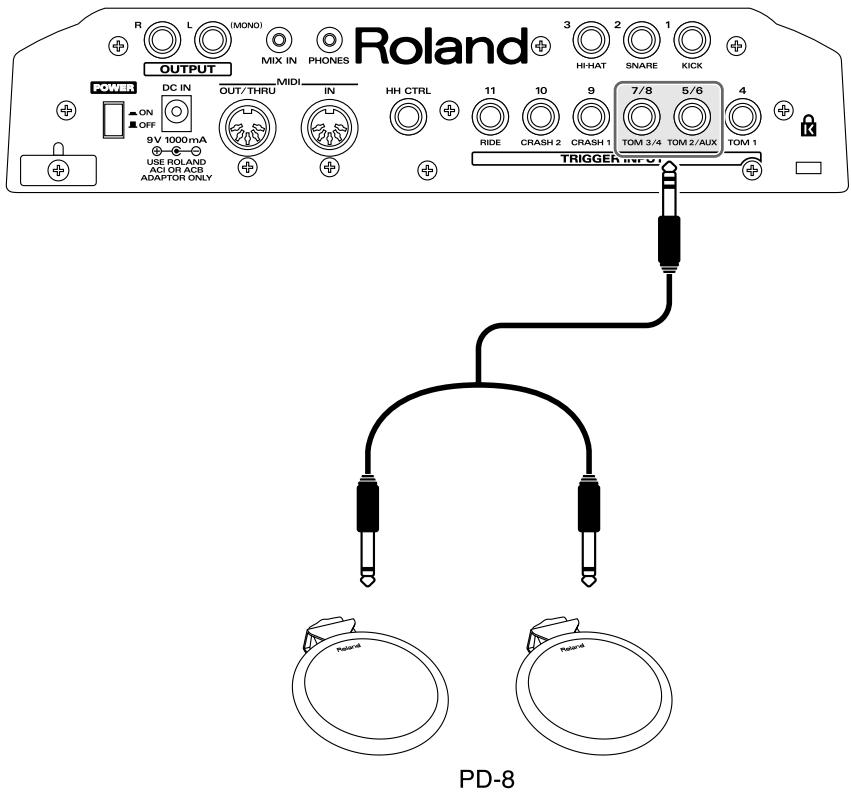 Roland OUTPUT MIX IN PHONES 3 2 1 HI-HAT SNARE KICK POWER DC IN MIDI HH CTRL 11 10 9 7/8 5/6 4 ON OFF ON OFF 9V 1000mA OUT/THRU IN RIDE CRASH 2 CRASH 1 TOM 3/4 TOM 2/AUX TOM 1 USE ROLAND ACI OR ACB ADAPTOR ONLY TRIGGER INF.07 PD-8