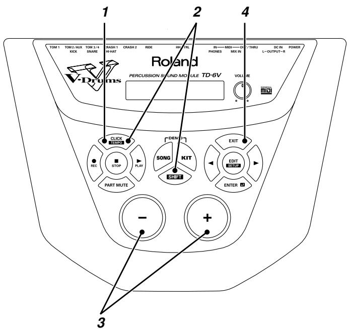 TOM 1 TON2/ALX TOM 3/4 RASH 1 CRASH 2 RIDE HH TRI IN—MIDI—OI /THRU DC IN POWER RICK SNARE IH-HAT PHONES MX IN L-OUTFUT-R Roland PERCUSSION SOUND MODULE TD-6V VOLUME V-Drums CLICK STOP ■ STOP PART MUTE SONG KIT SHIFT EXIT EDIT EXIT ENTER DEV +