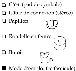 CY-6 (pad de cymbale) Câble de connexion (stéréo) Papillon Rondelle en feutre Butoir ■ Mode d'emploi (ce fascicule)