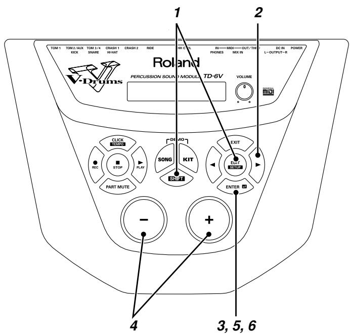 TOM 1 TOM 2/AUX TOM 3/4 CRASH 1 CRASH 2 RIDE KICK SNARE HI HAT HH C L IN—MIDI—OUT/TMI PHONES MIX IN DC IN POWER L—OUTPUT-R V-Drums Roland PERCUSSION SOUND MODULE TD-6V VOLUME 0 0 CALL MOJ CLICK TENSION SONG KIT EXIT STOP PLAY PART MUTE SHIFT ENTER - + 4 3, 5, 6