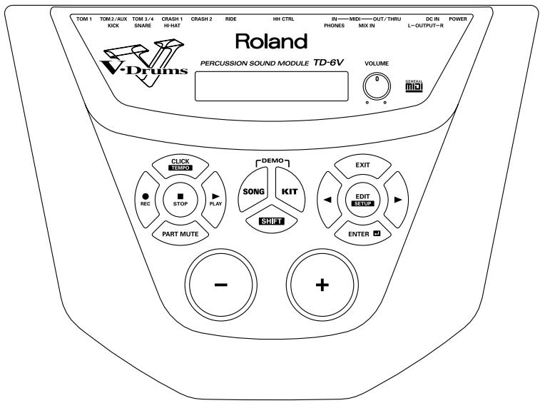 TOM 1 TOM 2/AUX TOM 3/4 CRASH 1 CRASH 2 RIDE HH CTRL IN—MIDI—OUT/THRU DC IN POWER KICK SNARE HI-HAT PHONES MIX IN L—OUTPUT—R Roland PERCUSSION SOUND MODULE TD-6V VOLUME 0 GENERAL CLICK TEMPO STOP PLAY SONG KIT SHIFT EXIT EDIT ROUT PART MUTE - +