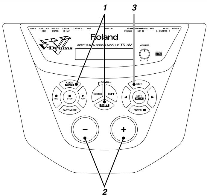 TOM 1 TOM 2/AUX TOM 3/4 CRASH 1 CRASH 2 RIDE KICK SNARE HI HAT HH CTRL IN PHONES ICH—OUT/THRU DC IN POWER V-Drums PERCUSSION MODULE TD-6V VOLUME CLICK STOP PART MUTE DO SONG KIT SHIFT EXIT EDIT ENTER - + 2