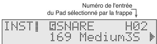 Numéro de l'entrée du Pad sélectionné par la frappe ↓ INSTI ☐SNARE H02 169 Medium35 ↗
