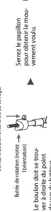 Butée de rotation (notez l'orientation) Le boulon doit se trouver à droite du point d'avue du batteur. Serrez le papillon pour obtenir le mouvement voulu.
