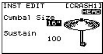 INST EDIT [CRASH1] Cymbal Size 16" Sustain 100