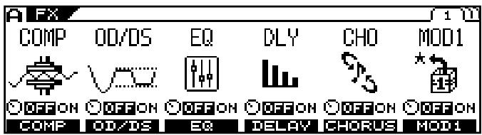 FX COMP OD/OS EQ DLY CHO MOD1 OFFON OFFON OFFON OFFON OFFON COMP OD/OS EQ DELAY CHORUS MOD1