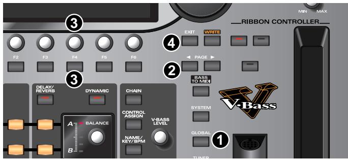 MIN MAX 3 F2 F3 F4 F5 F6 EXIT WRITE PAGE 4 2 DELAY/ REVERB DYNAMIC CHAIN BASS TO MIN SYSTEM V-Bass LEVEL A BALANCE NAME/ KEY/BPM GLOBAL 1 B BALANCE B TUNER