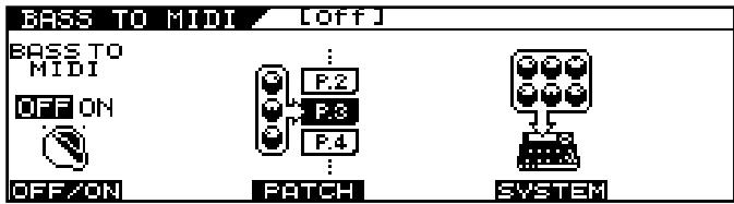 BASS TO MIDI [OFF] BASS TO MIDI OFF ON OFF/ON : P.2 P.3 P.4 : PATCH SYSTEM