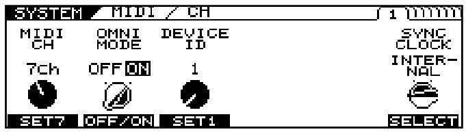 SYSTEM / MIDI / CH MIDI CH OMNI MODE DEVICE ID SYNC CLOCK INTER- NAL 7Ch OFF ON 1 SET7 OFF/ON SET1 SELECT