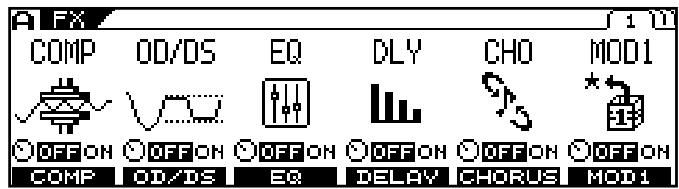 A FX COMP OD/DS EQ DLY CHO MOD1 OFF ON OFF ON OFF ON OFF ON OFF ON COMP OD/DS EQ DELAY CHORUS MOD1