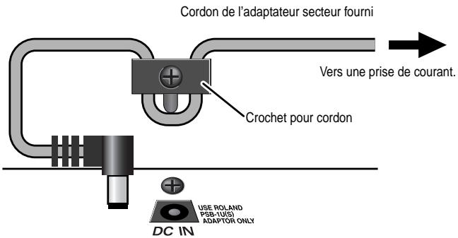 Cordon de l'adaptateur secteur fourni Vers une prise de courant. Crochet pour cordon DC IN USE ROLAND PSB-1U(S) ADAPTOR ONLY
