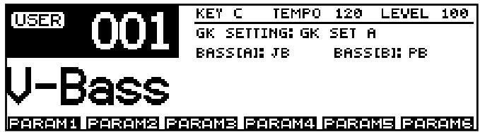 USER 001 KEY C TEMPO 120 LEVEL 100 GK SETTING: GK SET A BASS(A): JB BASS(B): PB V-Bass PARAM1 PARAM2 PARAM3 PARAM4 PARAM5 PARAM6