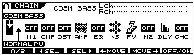 CHAIN COSM BASS LCH RCH OFF OFF OFF OFF M1 CMP DST AMP E8 NS FV M2 DLY CHO NORMAL FU A/B SEL SEL +MOVE MOVE +OFF/ONI