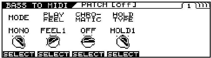 BASS TO MIDI / PATCH OFFJ MODE PLAY CHRO- HOLD FEEL MATIC TYPE MONO FEEL1 OFF HOLD1 SELECT SELECT SELECT SELECT