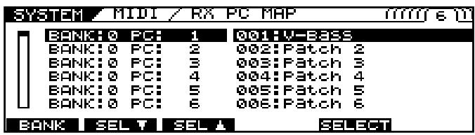 SYSTEM / MIDI / RX PC MAP BANK: 0 PC: 1 001 V-3885 BANK: 0 PC: 2 002: Patch 2 BANK: 0 PC: 3 003: Patch 3 BANK: 0 PC: 4 004: Patch 4 BANK: 0 PC: 5 005: Patch 5 BANK: 0 PC: 6 006: Patch 6 BANK SEL T SEL ▲ SELECT