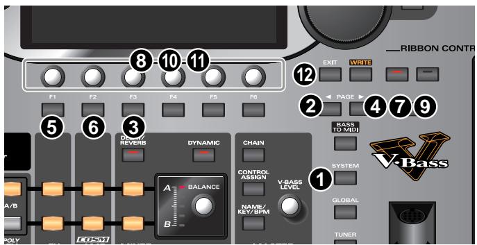 RIBBON CONTR F1 F2 F3 F4 F5 F6 8 10 11 5 6 3 DEV/REVERB DYNAMIC CHAIN A/B BALANCE CONTROL ASSIGN V-BASS LEVEL BASSTO MDI SYSTEM GLOBAL TUNER POLY FO-M