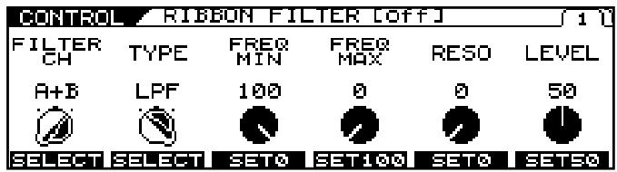 CONTROL RIGBON FILTER [OFF] FILTER CH TYPE FREQ MIN FREQ MAX RESO LEVEL A+B LPF 100 0 0 50 SELECT SELECT SET0 SET100 SET0 SET50