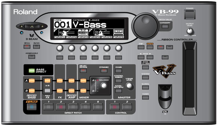 Roland V-B-99 V-Bass System POWER PATCH/VALUE CATEGORY OUTPUT LEVEL MINI MAX D BEAM PITCH FILTER ASSIGNABLE F1 F2 F3 F4 F5 F6 NEXT WRITE PAGE RIBBON CONTROLLER BASS DIRECT A A/B B C:\TEST BASS POW FX FX C:\TEST AMP MIXER A BALANCE B3 CHAIN CONTROL ASSIGN V-BASS LEVEL NAME/KEY/BPM MASTER BASS TO VMP4 SYSTEM GLOBAL TUNER GK W V-LINK 1 2 3 4 5 1 2 DIRECT PATCH CONTROL