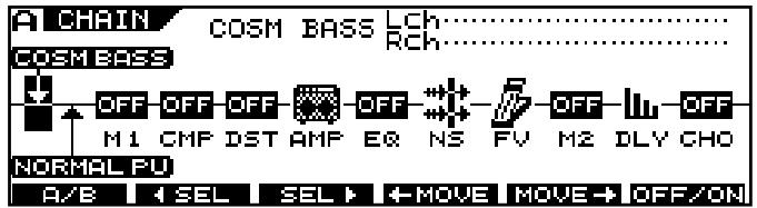 A CHAIN COSM BASS LCH..... RCH..... COSM BASS OFF OFF OFF OFF M1 CMP DST AMP E8 NS FV M2 DLY CHO NORMAL FU A/B SEL SEL ←MOVE MOVE→ OFF/ON