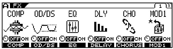 FX COMP OD/OS EQ DLY CHO MOD1 OFF ON OFF ON OFF ON OFF ON OFF ON COMP OD/DS EQ DELAY CHORUS MOD1