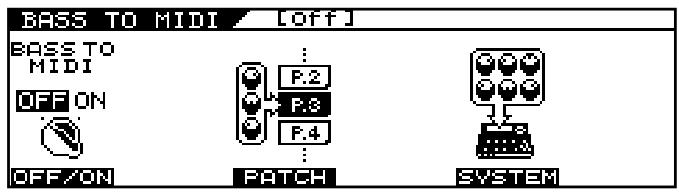 BASS TO MIDI [OFF] BASS TO MIDI OFF ON OFF/ON P.2 P.3 P.4 PATCH SYSTEM