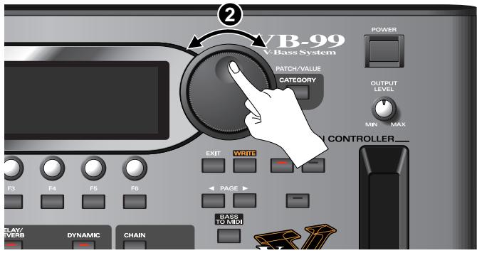 VB-99 V-Bass System PATCH/VALUE CATEGORY OUTPUT LEVEL MIN MAX N CONTROLLER_ EXIT WRITE F3 F4 F5 F6 PAGE BASS TO MIDI ELAY/ VERB DYNAMIC CHAIN