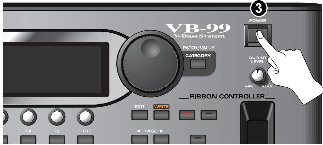 VB-99 V-Bass System PATCH/VALUE CATEGORY ——RIBBON CONTROLLER—— EXIT WRITE F4 F5 F6 PAGE POWER OUTPUT LEVEL MIN MAX