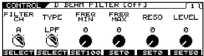 CONTROL D BEAM FILTER LOFFJ 1 FILTER CH TYPE FREQ MIN FREQ MAX RESO LEVEL A LPF 0 0 0 0 SELECT SELECT SET100 SET0 SET0 SET50