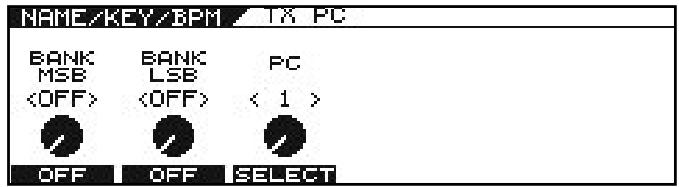 NAME/KEY/BPM TX PC BANK BANK PC MSB LSB < 1 > OFF OFF SELECT